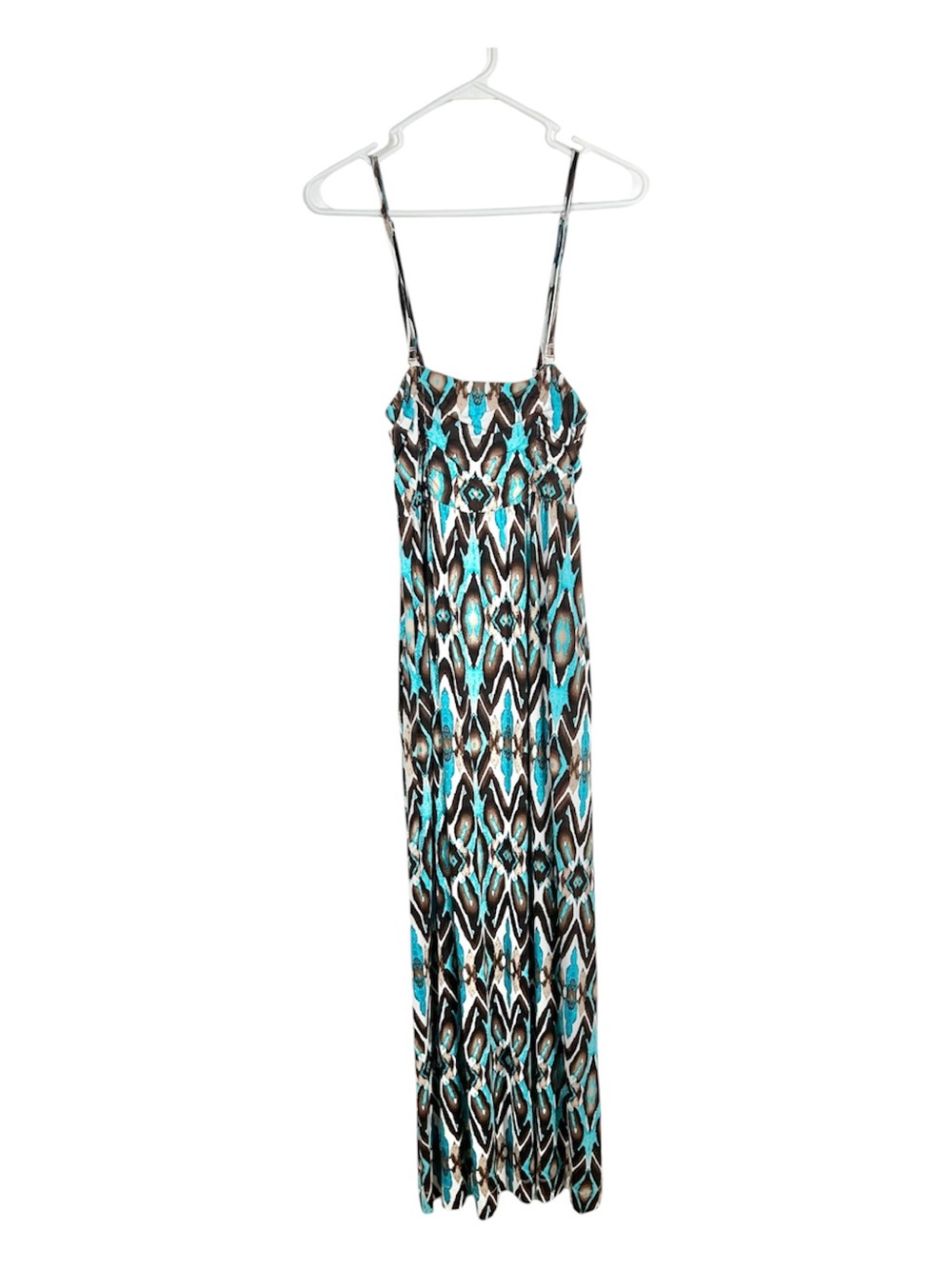 Chico's Zenergy Blue Brown Geometric Diamond Print Spaghetti Strap Maxi Dress